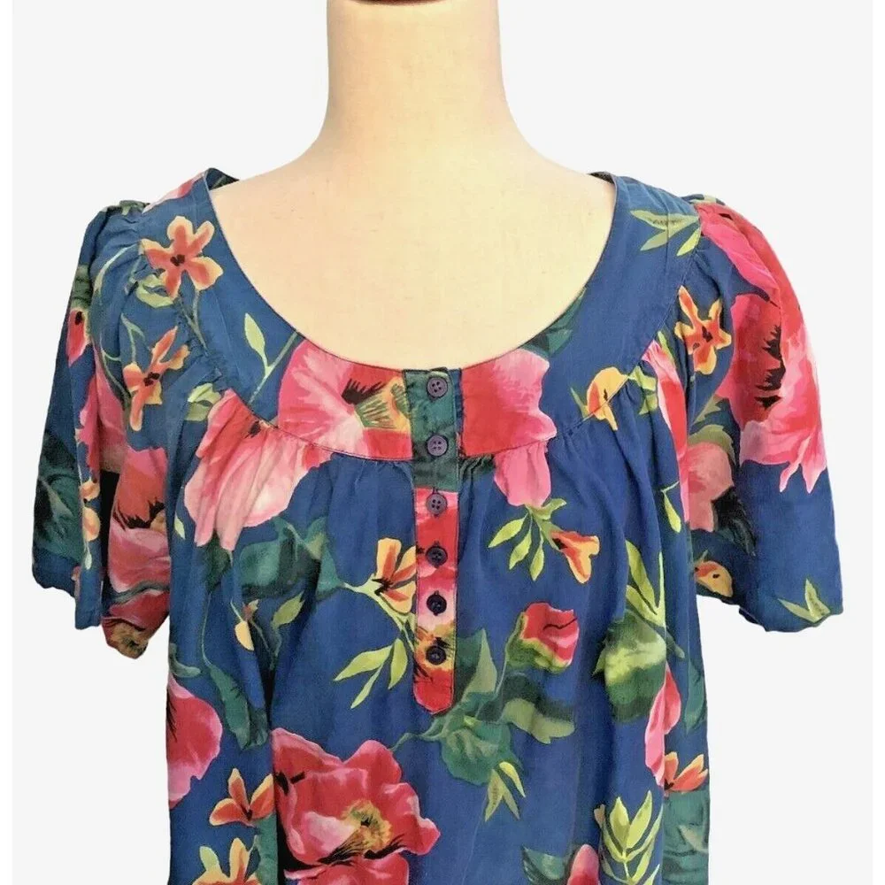 Vintage Ladies Mumu Dress w Pockets Tropical Floral MED Cotton Midi Blue w Pink - Picture 2 of 12